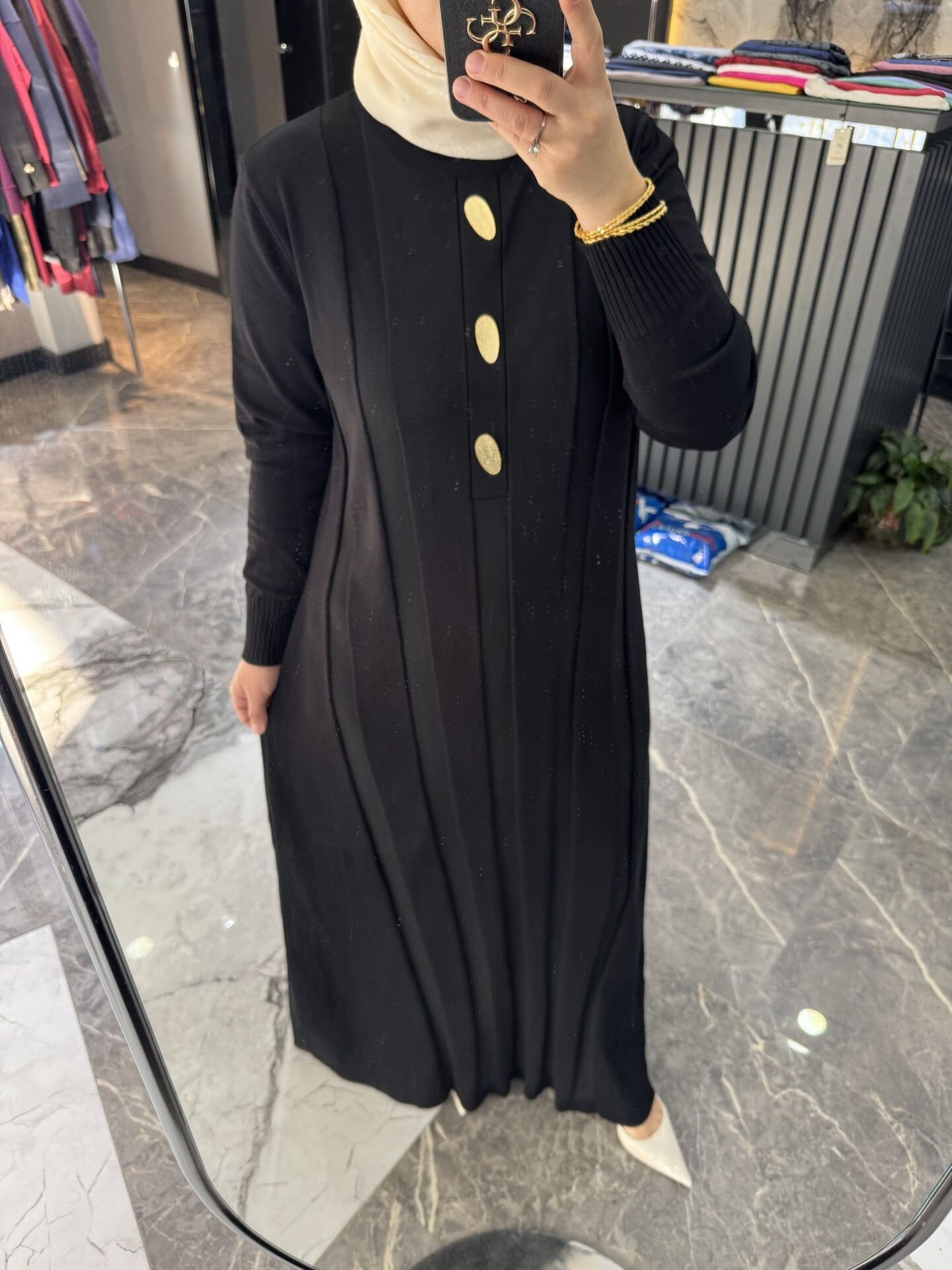 Gold düğme detay Merserize Elbise