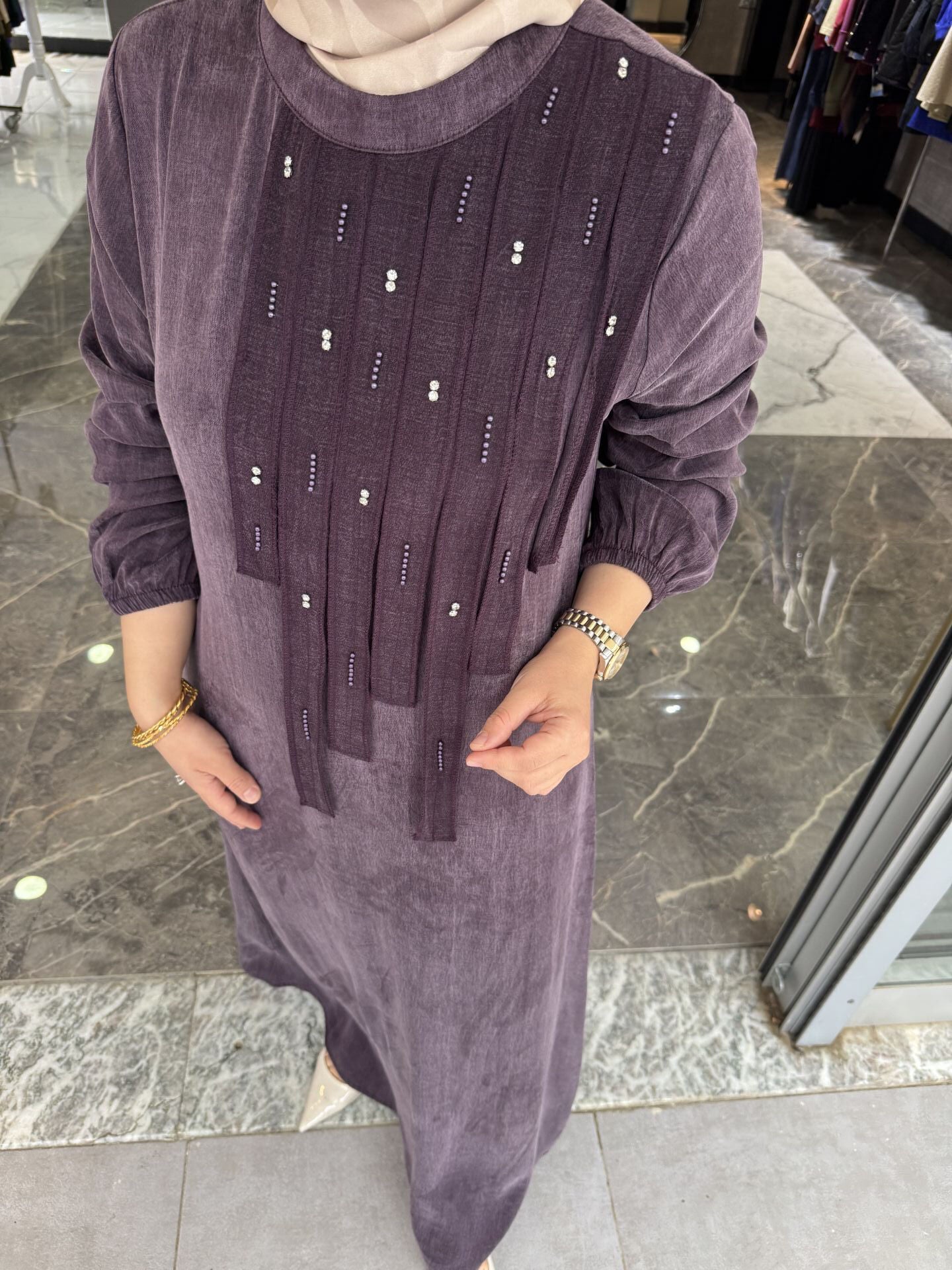 İpek Kupra Boncuk Şeritli Elbise