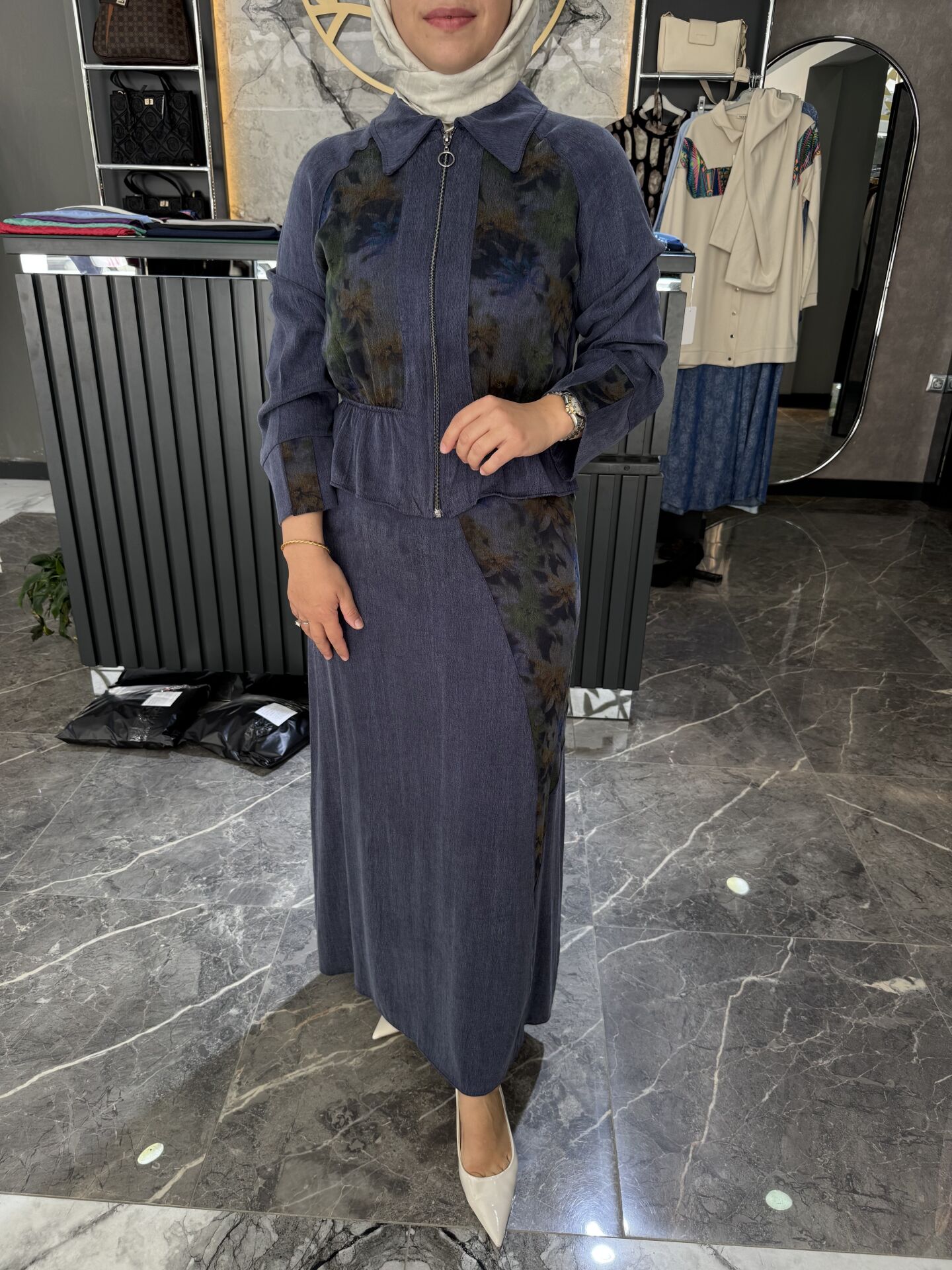 İPEK KUPRA DESENLİ ETEKLİ TAKIM