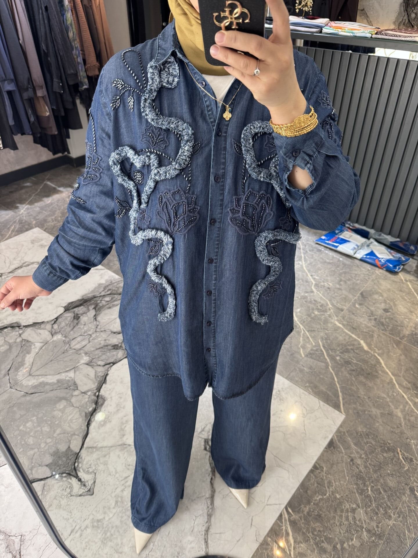 Nakış işlemeli Tensel Kot Gömlek